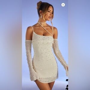 Embellished Asymmetric Corset Mini Dress in Ivory